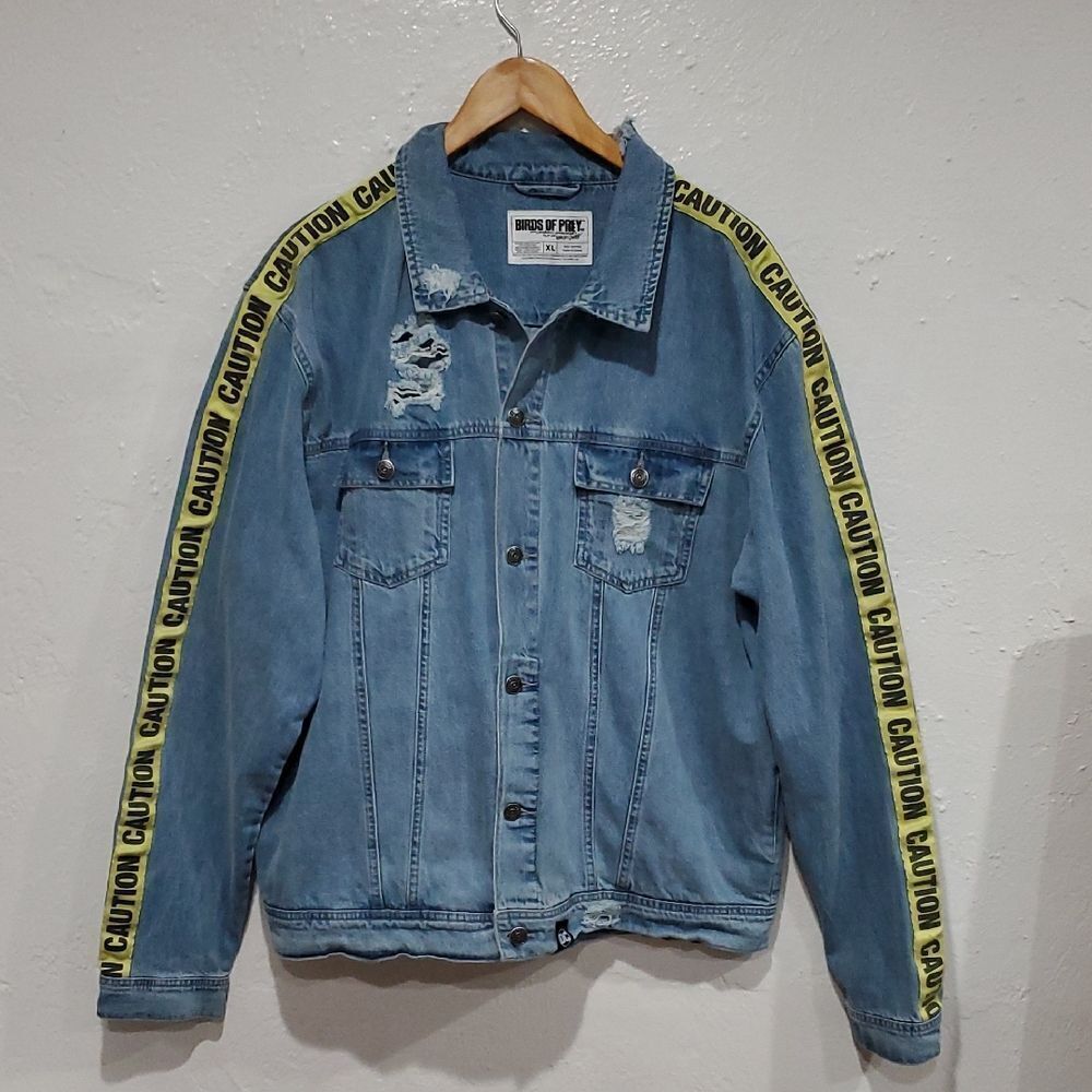 DC Birds of Prey Harley Quinn Denim Jacket with Caution Tape and Flag Detail